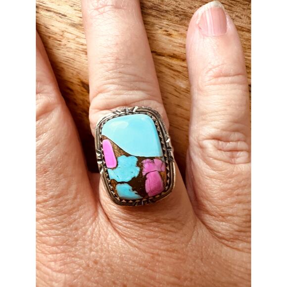 Sterling Silver Cotton Candy Turquoise Ring Pink Blue Size 5.75 6g Boho Jewelry - Picture 2 of 10